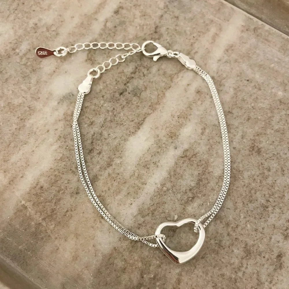 925 Sterling Silver Layer Heart Bracelet Dainty Minimalist Heart Bracelet - Picture 2 of 4